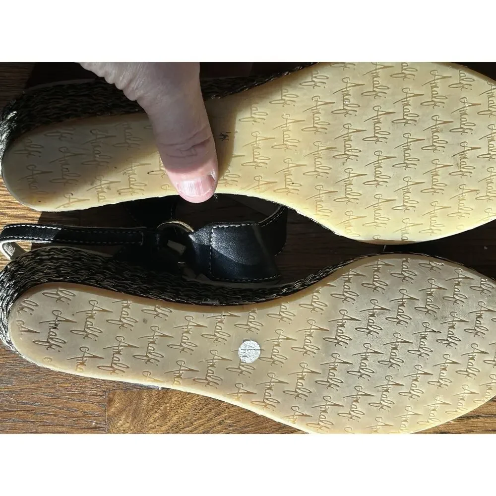 Amalfi by Rangoni Firenze Black‎ Leather Wedge Sandals Size 9 Italian Rope Sole